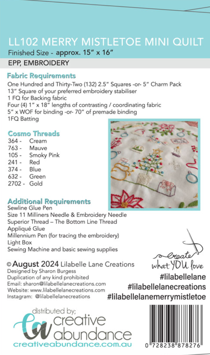 Merry Mistletoe Mini EPP and Embroidery Kit by Sharon Burgess of Lilabelle Lane Creations
