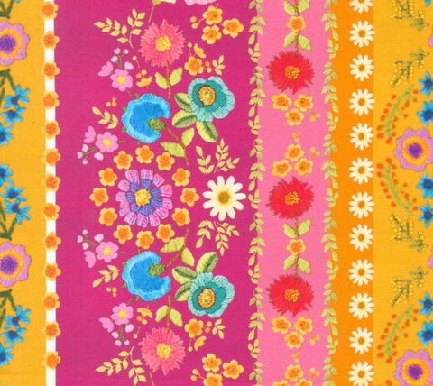 Vintage Soul Collection by Cathe Holden for Moda Fabrics - 7431 11 Crewel Bands Floral in Hot Pink